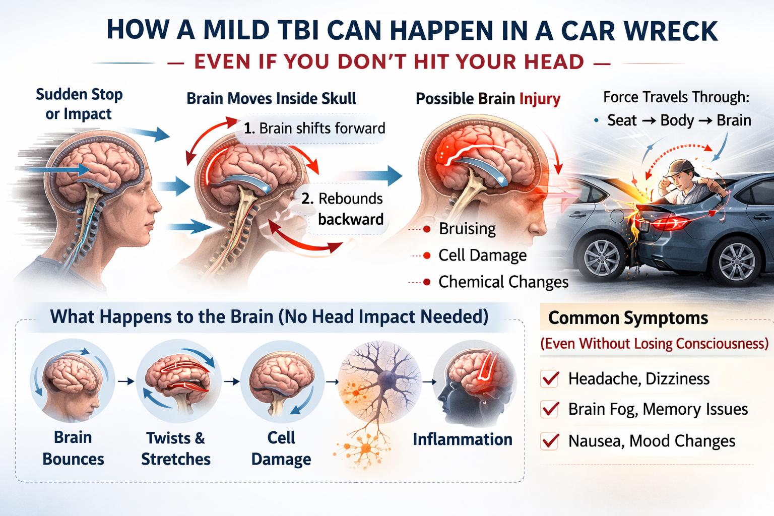 Medical infographic showing how a mild traumatic brain injury can occur in a car accident even without hitting your head, illustrating brain movement inside the skull during sudden acceleration and deceleration.