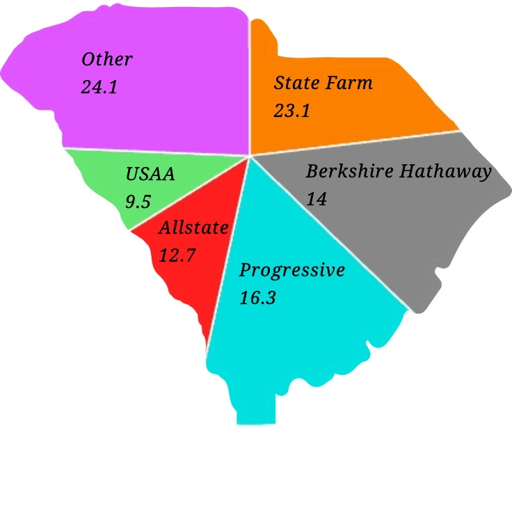 A pie chart in the shape of South Carolina illustrating the 2025 auto insurance market share held by major companies: State Farm (22.9%), Progressive (16.1%), Berkshire Hathaway (13.9%), Allstate (12.6%), and USAA (9.4%). Each insurer's portion is labeled and color-coded to represent their share of the state’s auto insurance market.